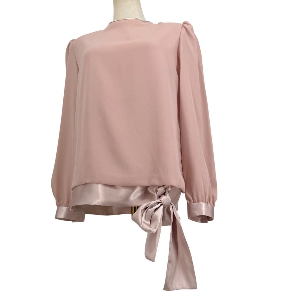 Romantic Blouse 8 Blush Pink Long Sleeve Satin Bow Trim Puff Shoulder Pastel